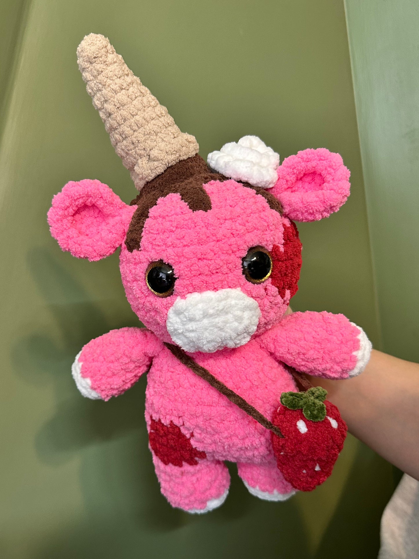 Coco the Strawberry Ice Cream Cow Plush | Handmade Crochet Stuffie