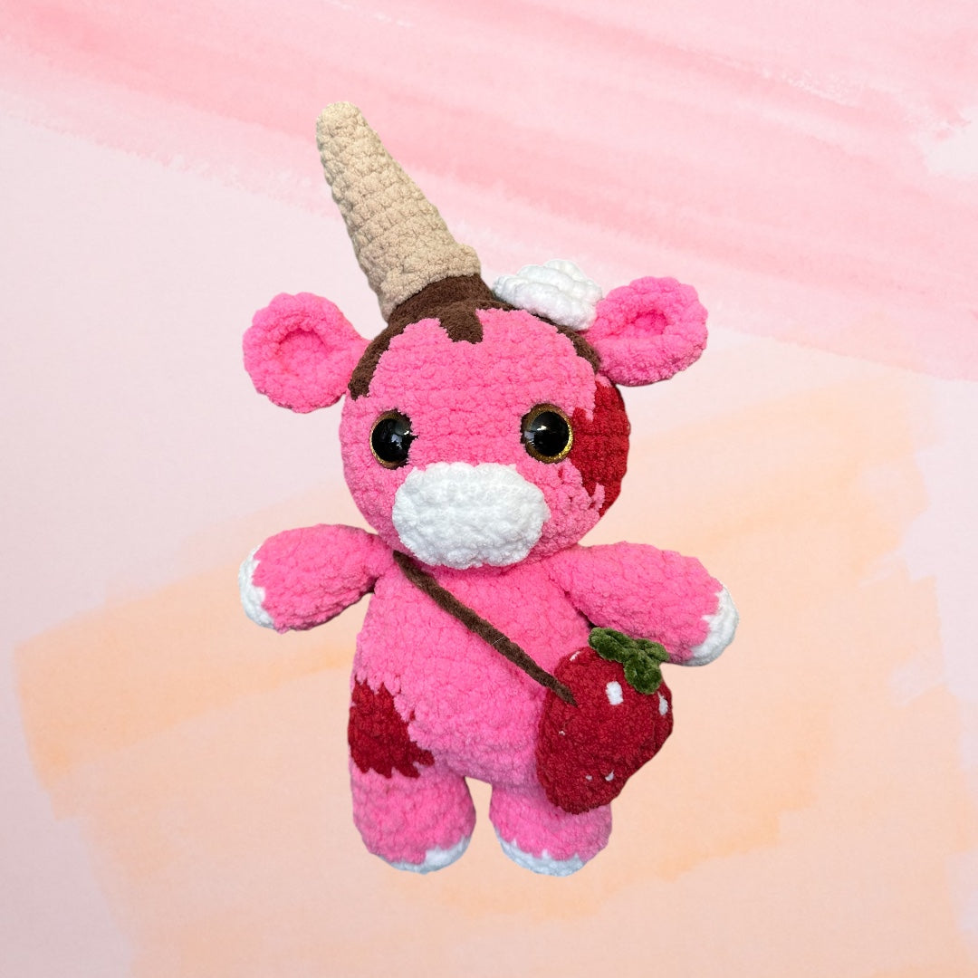 Coco the Strawberry Ice Cream Cow Plush | Handmade Crochet Stuffie